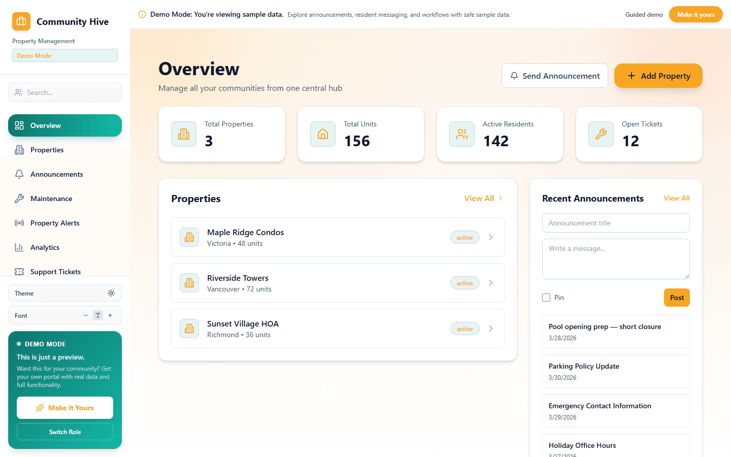 Property manager dashboard showing building overview, open issues, announcements, and requests